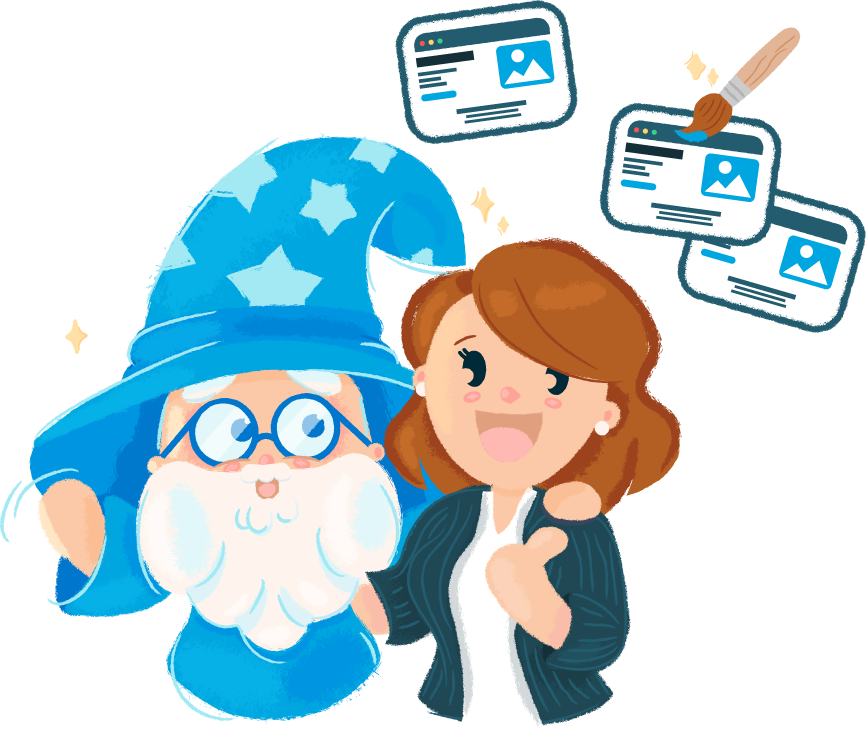 A wizard and a person standing together, next to floating website templates being edited with a paintbrush.