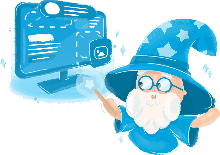 A wizard with a beard and glasses is pointing at a computer screen.