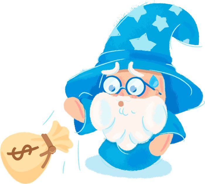 Blue wizard with glasses and white beard dropping a money bag with a dollar sign