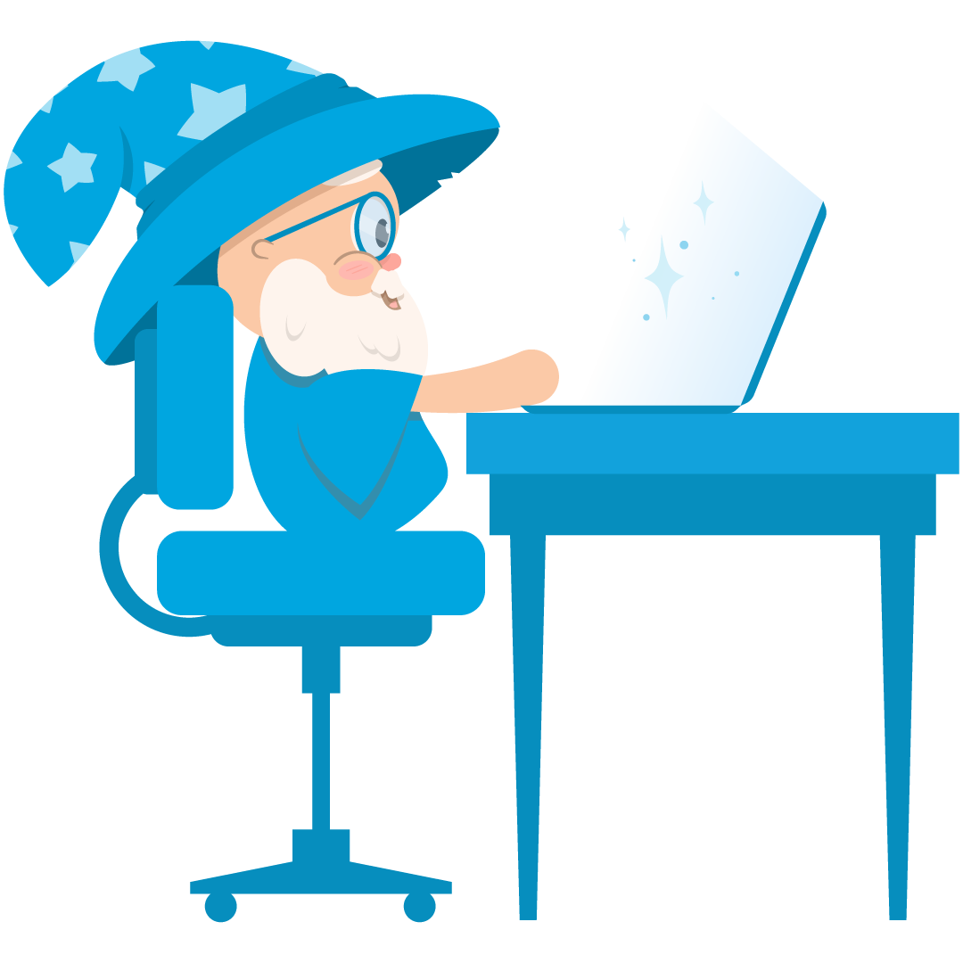 Wizard in blue robes and hat, working on a laptop at a desk.