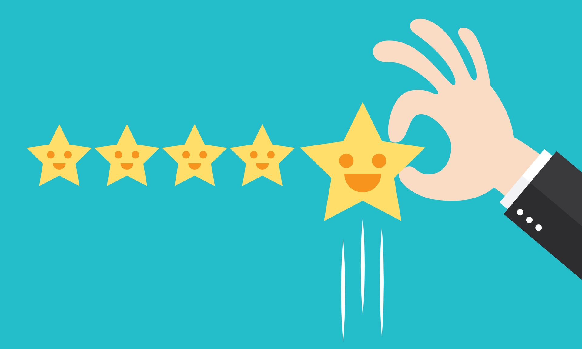 Hand placing a five-star rating next to four smiling stars, on a turquoise background.