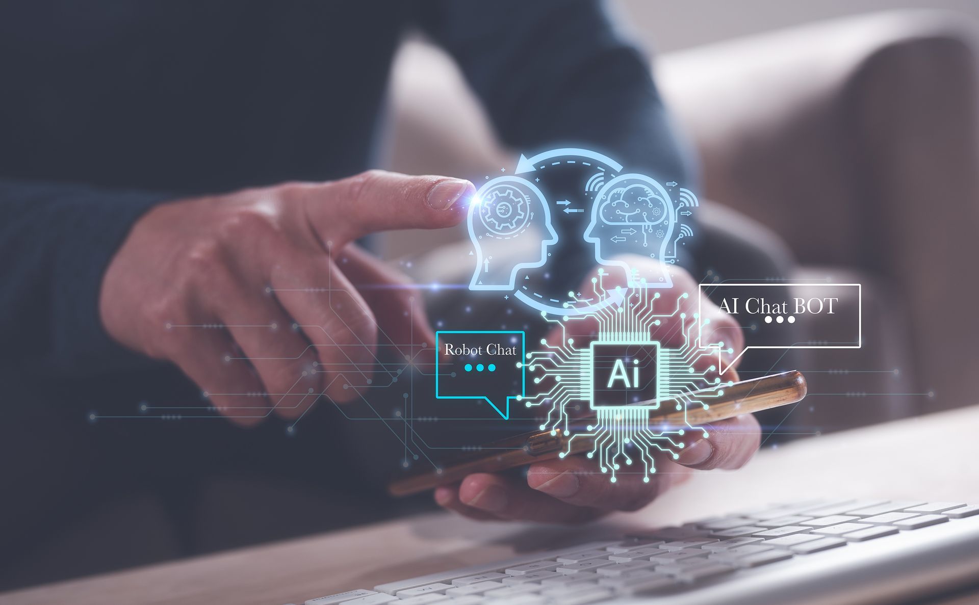 Person holding phone with digital AI heads and circuit board overlay.