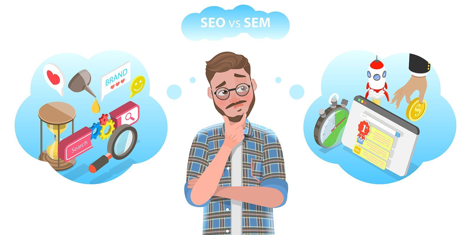 Illustration of SEO vs SEM: man thinking between two marketing scenes with search and ad icons