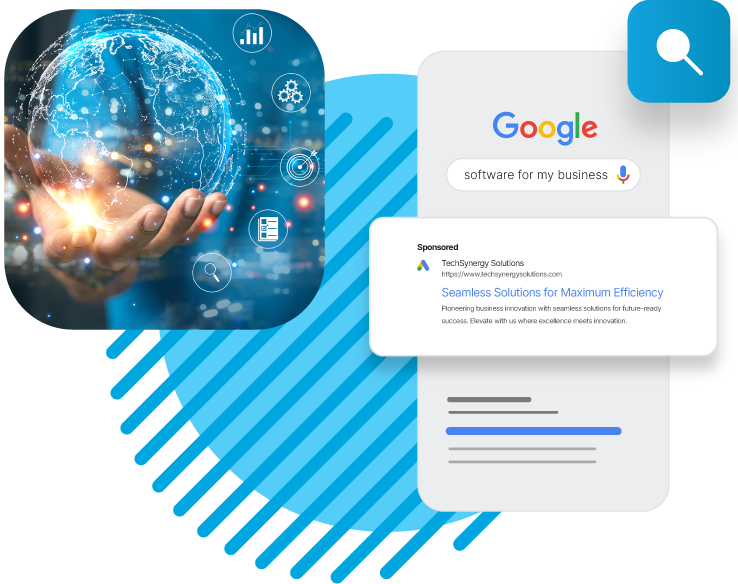 a person is holding a glowing globe in their hand next to a google search bar .