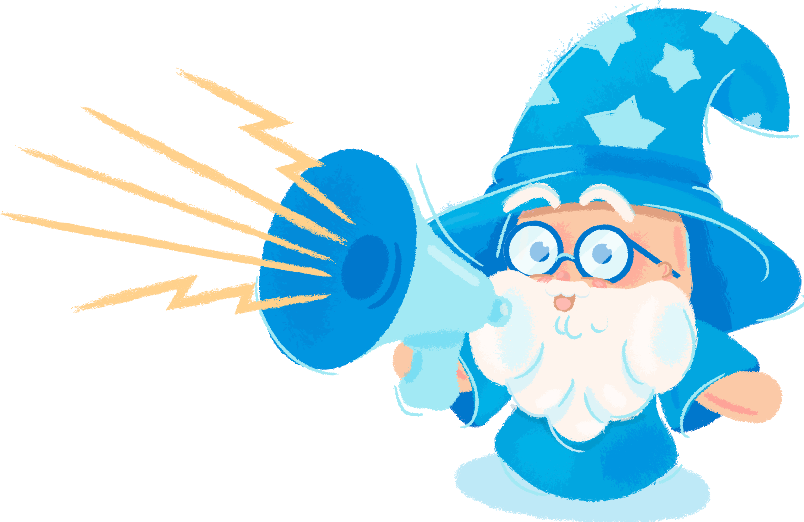 Wizard in blue robe and hat with a megaphone, shouting.