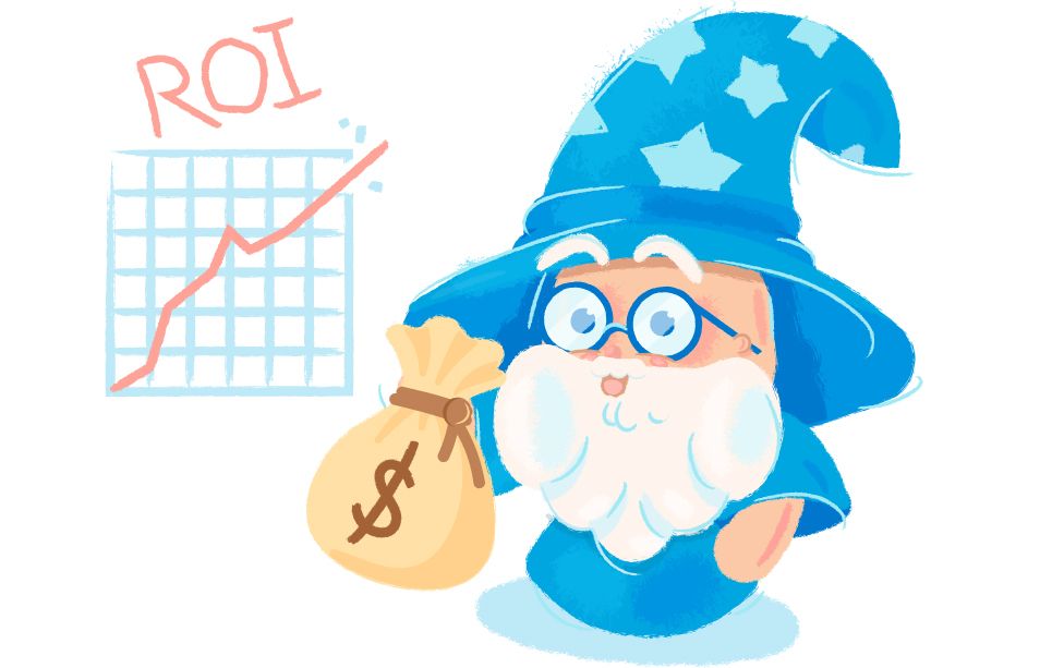 Wizard holding a money bag with a rising ROI graph in the background.