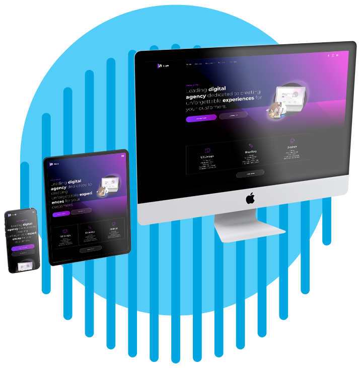 a computer monitor a tablet and a cell phone on a blue background