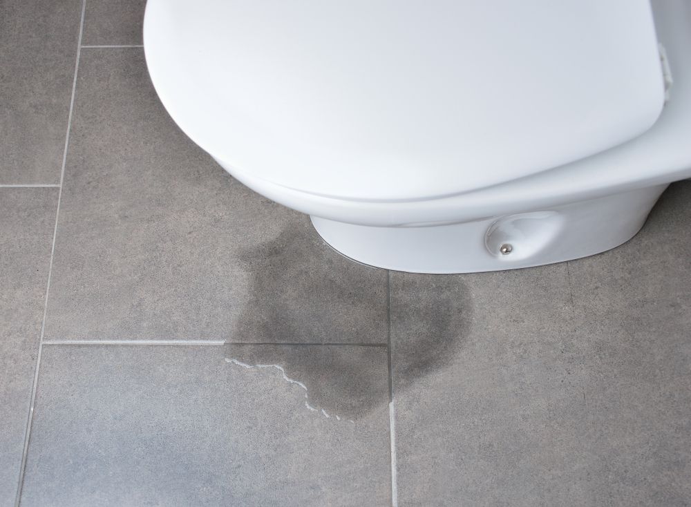 Toilet With Water Puddle on Gray Tiled Floor — Sunset Plumbing NT in Moil, NT