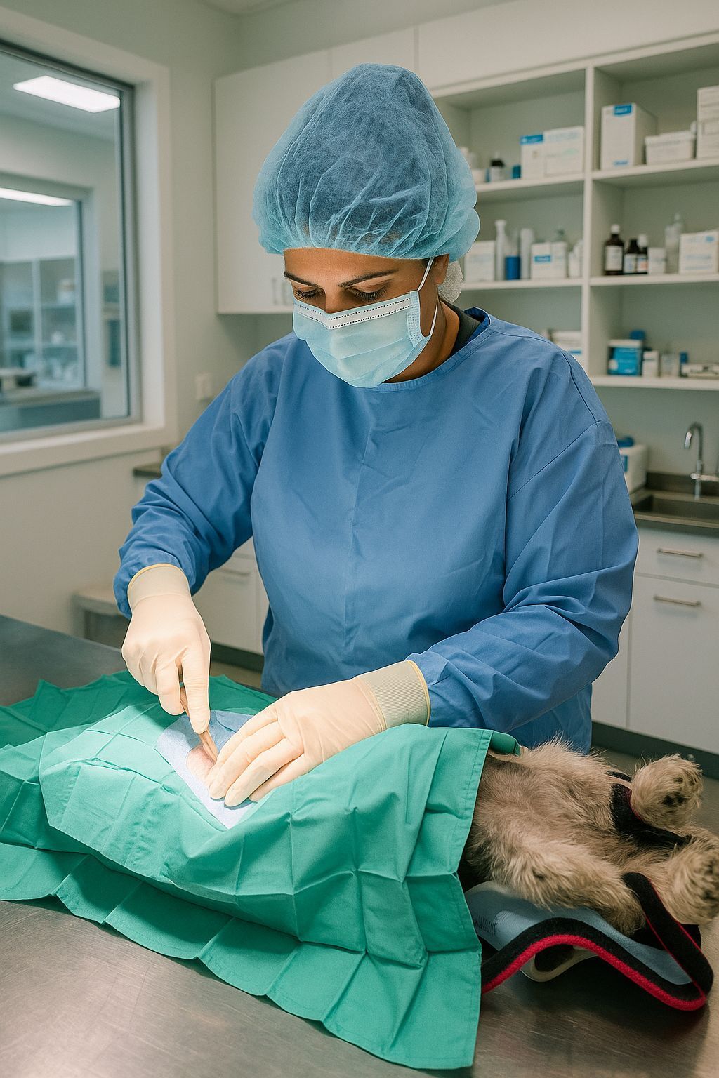 Two vets examining a dog on a medical table. One holds a light; the dog looks alert.