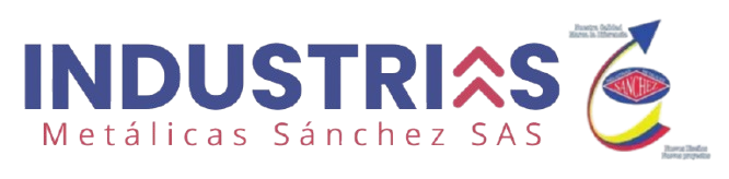 Logotipo de Industrias Metálicas Sánchez SAS. Texto azul marino y flechas rojas sobre fondo blanco, con una flecha azul curva.