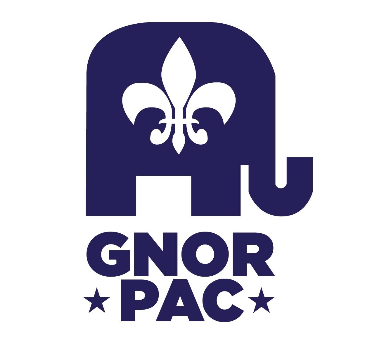 A blue logo for gnor pac with an elephant and fleur de lis