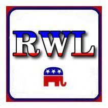 A red , white and blue logo with an elephant on it.