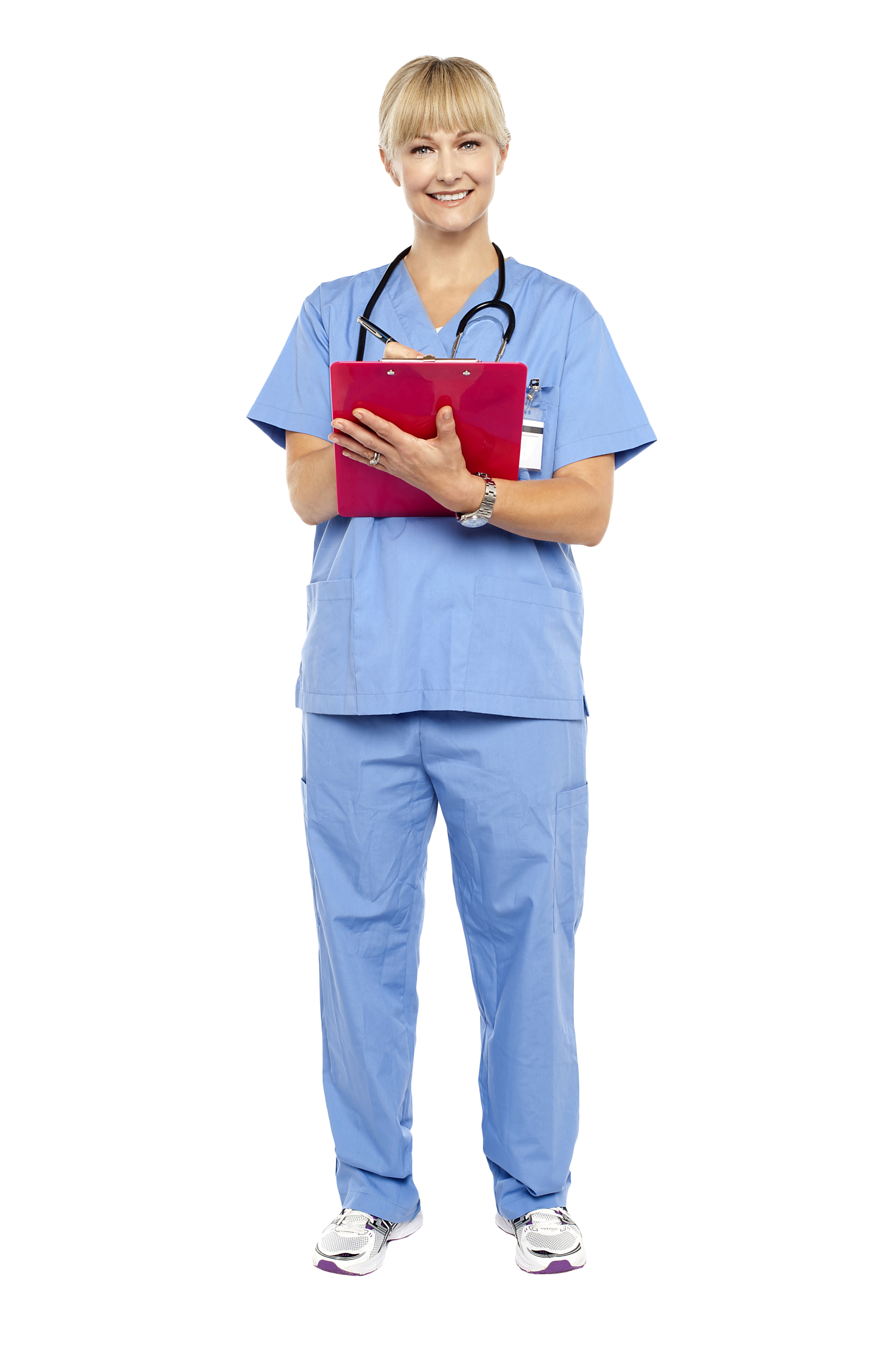 A nurse in a blue scrub is holding a clipboard.