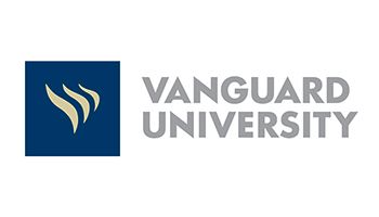 The logo for vanguard university is a blue square with a flame on it.