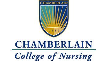 The logo for chamberlain college of nursing has a shield with the sun on it.