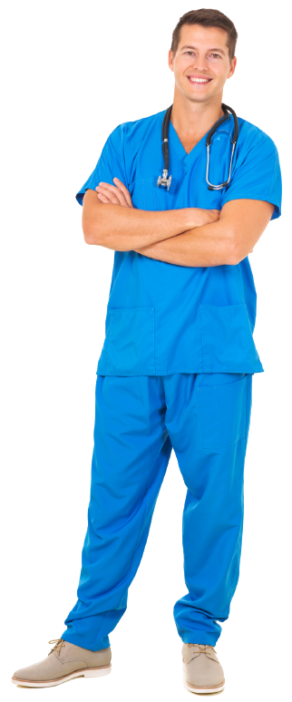 A man in a blue scrub with a stethoscope around his neck is standing with his arms crossed.