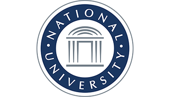 A logo for national university with a building in the center