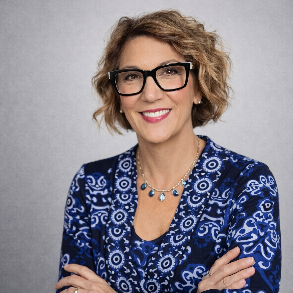 A woman wearing glasses and a black turtleneck is smiling for the camera.