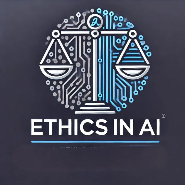 A logo for ethics in ai with a scale of justice in the middle.