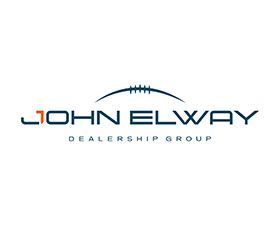 The john elway dealership group logo has a football on it.