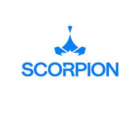 A blue scorpion logo on a white background.