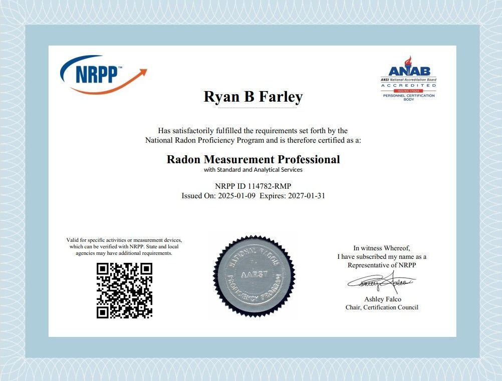 Radon Measurement Professional Certificate - Ryan Farley