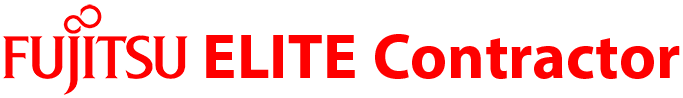 A fujitsu elite contractor logo on a white background