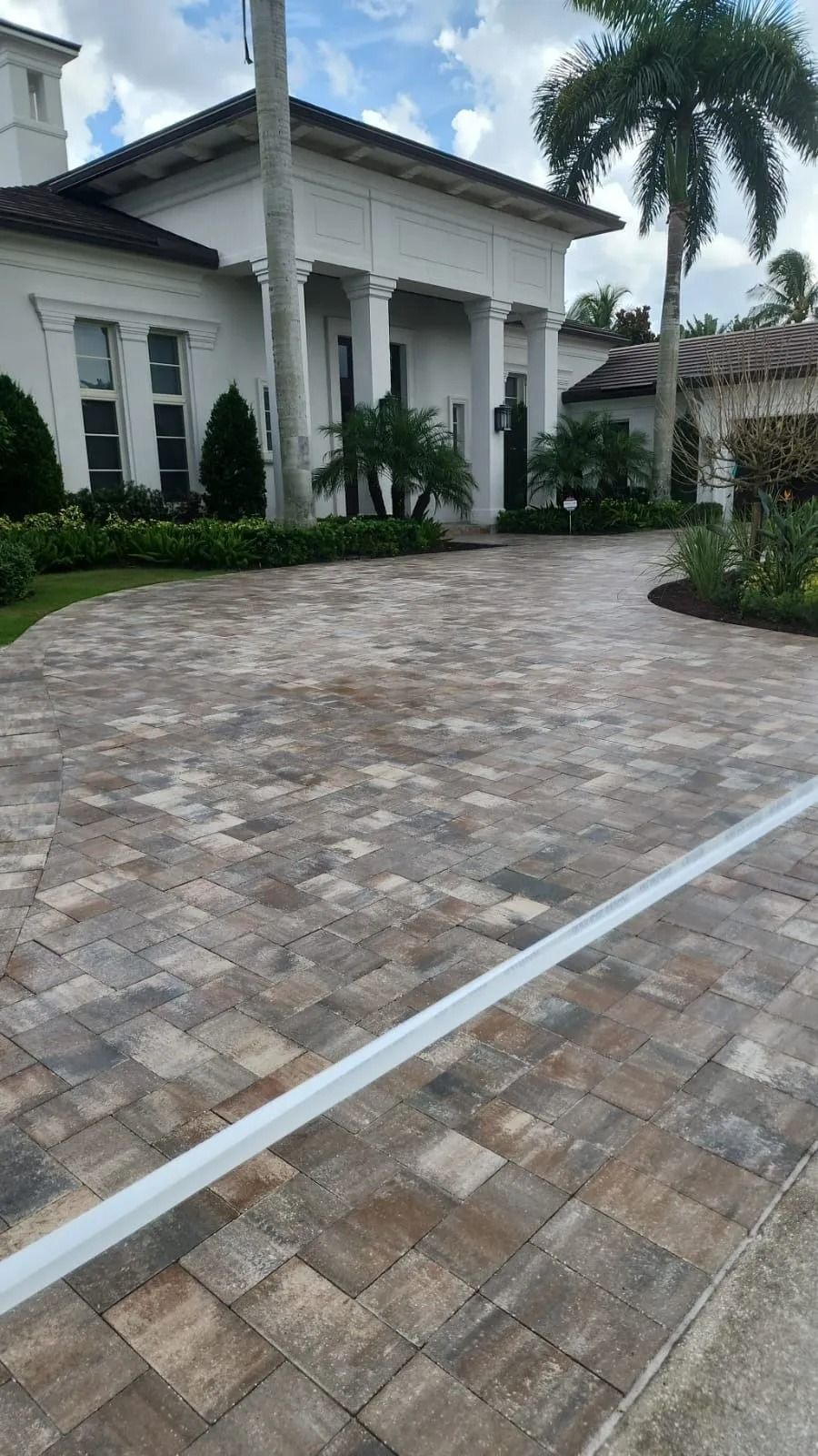 A paved driveway leads to the white entrance of a luxury house surrounded by lush greenery and a tall palm tree.