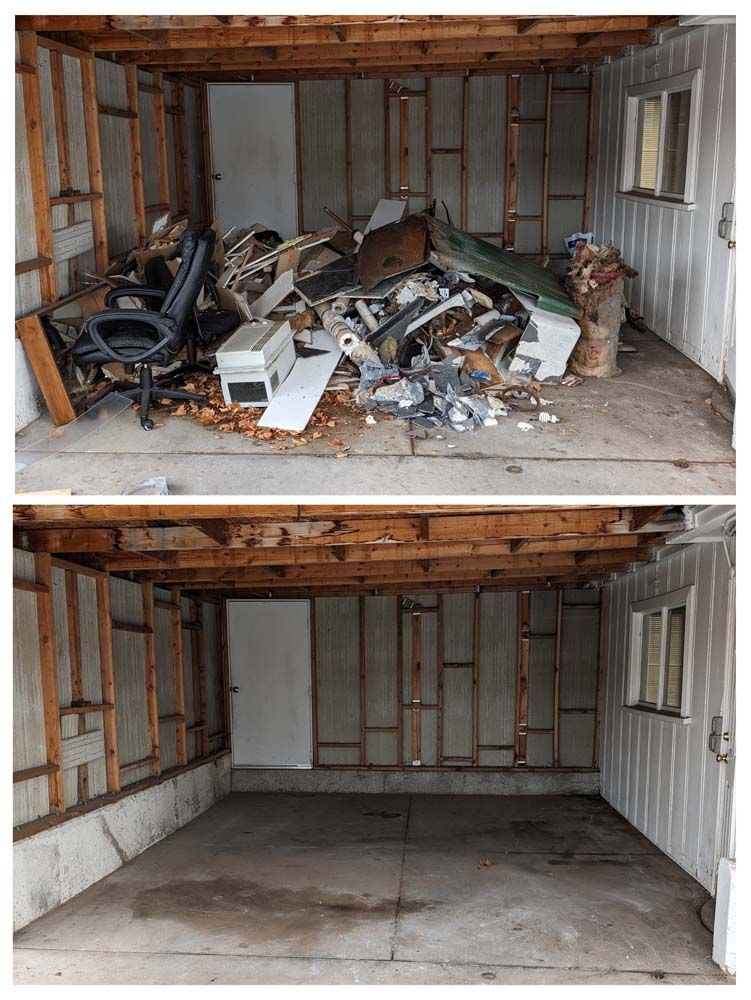 A before and after picture of a garage filled with garbage.