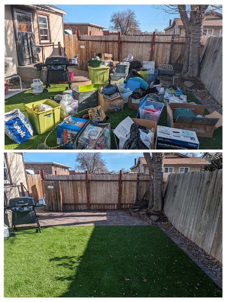 A before and after picture of a backyard filled with boxes and boxes.