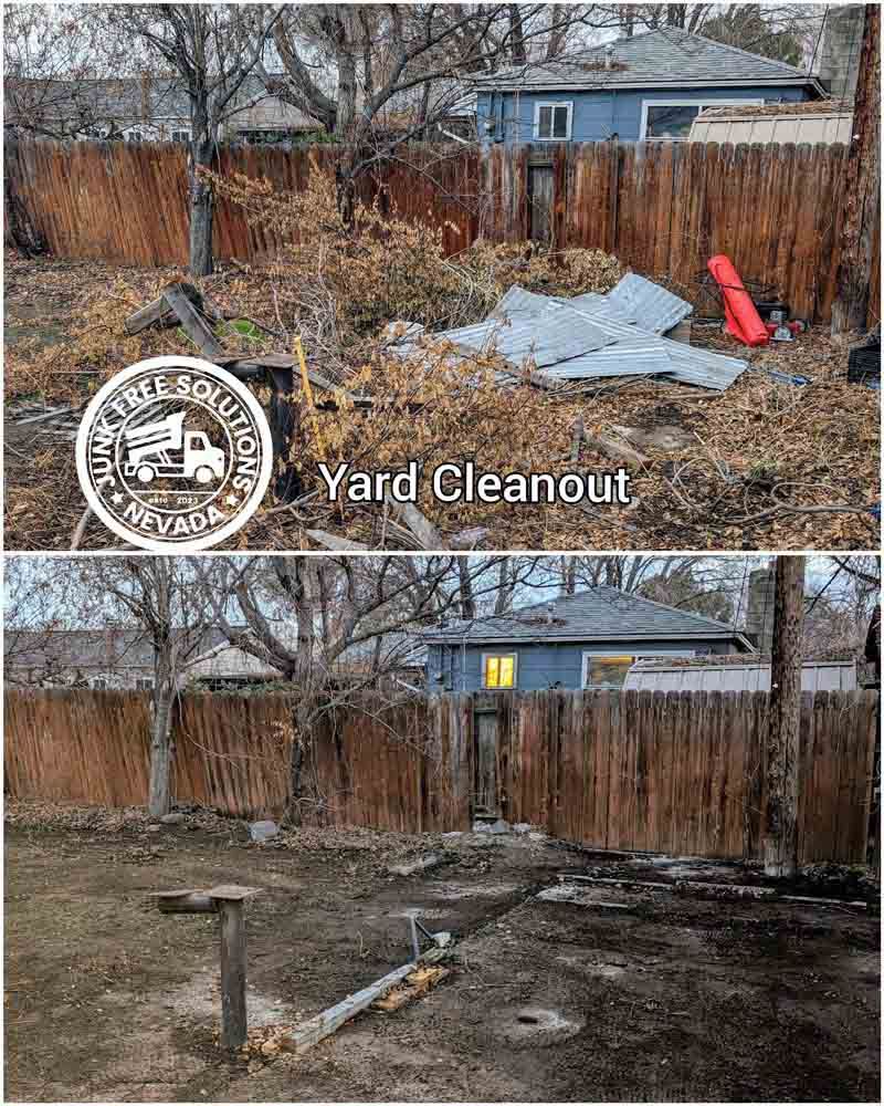A before and after picture of a yard cleanout.