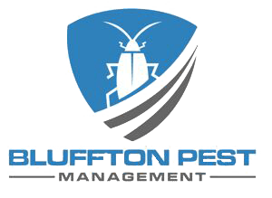 the logo for bluffton pest management shows a cockroach on a shield .