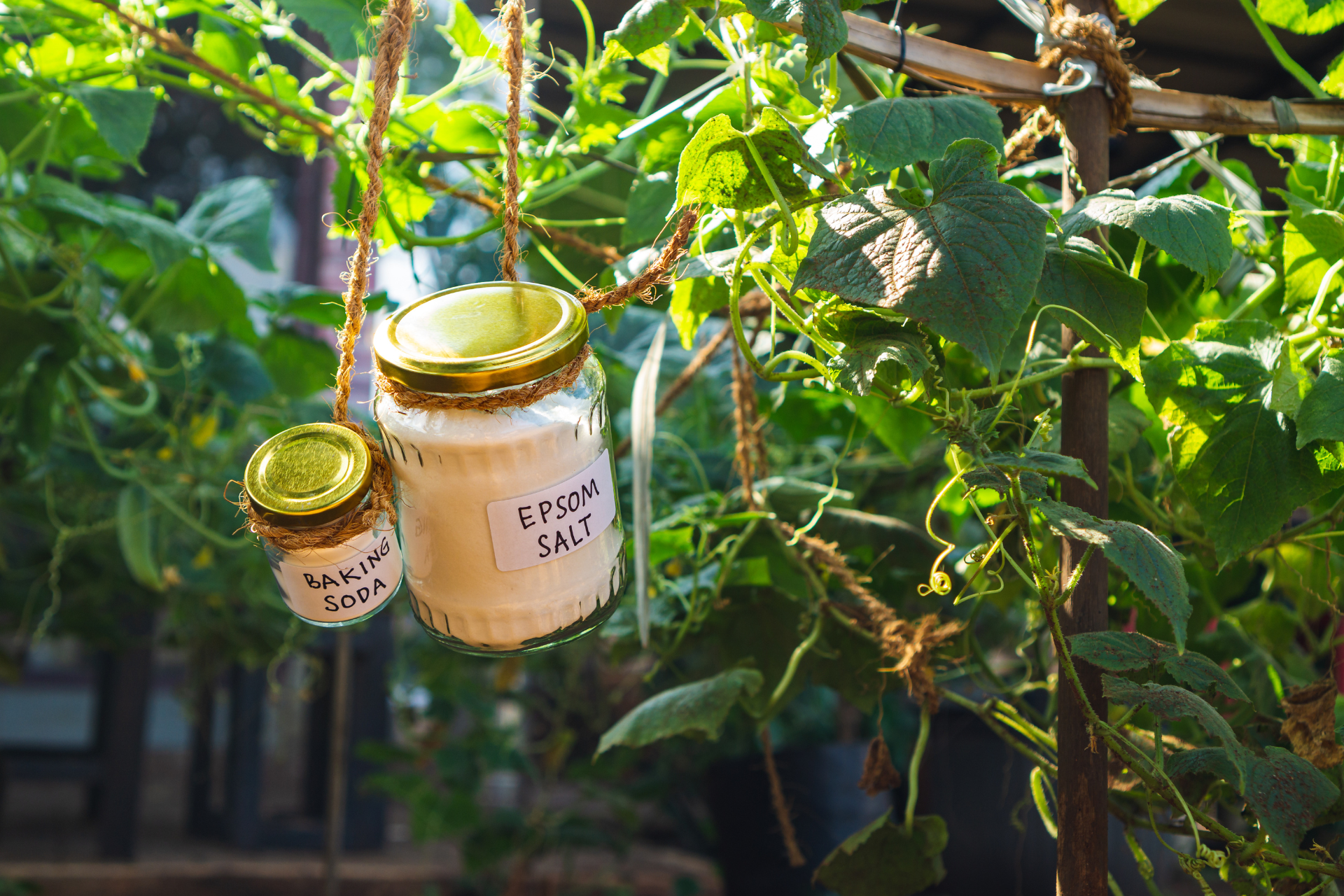 Two jars of yogurt are hanging from a vine.