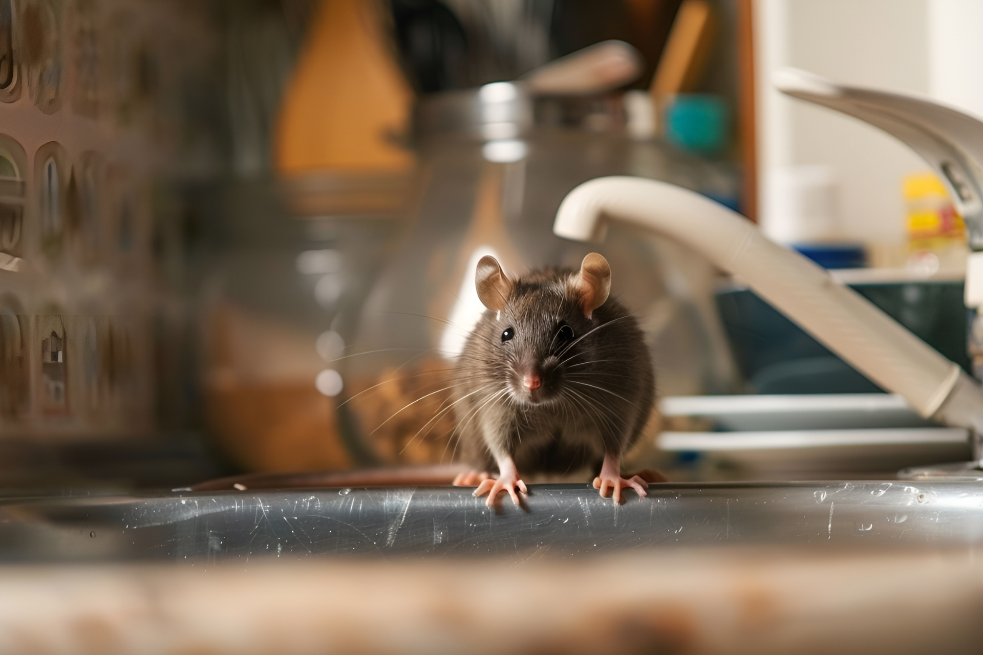 A mouse is standing on a kitchen sink looking at the camera.