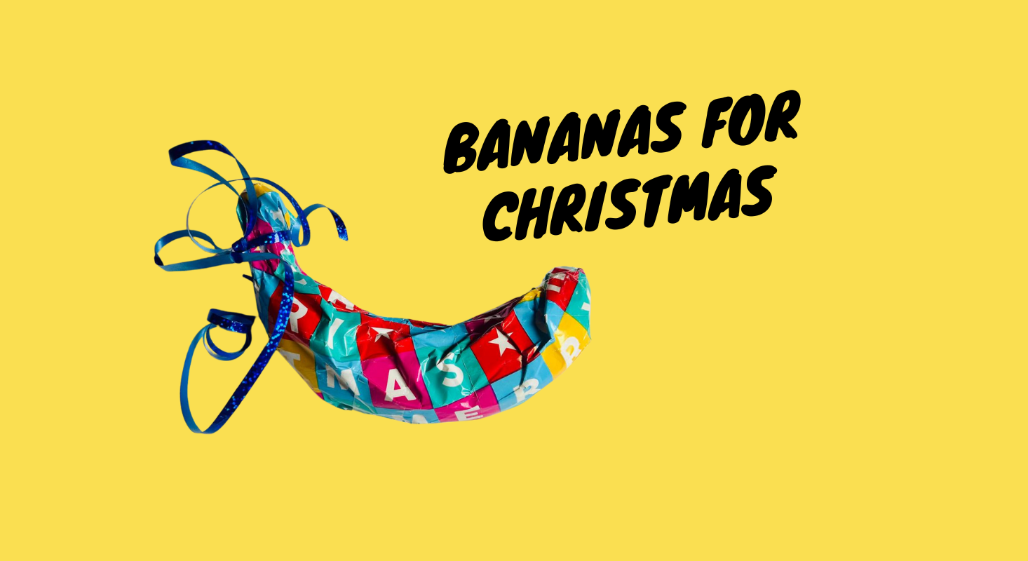 Banana-shaped bag decorated with colorful alphabet blocks, blue ribbons, and the text