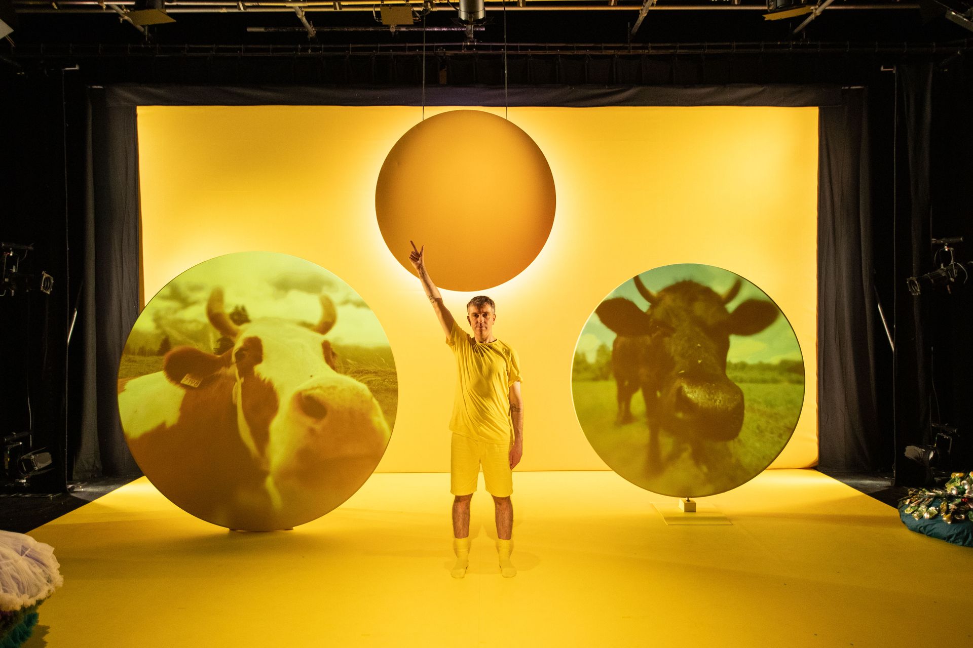 A man in a yellow shirt is standing on a stage pointing in the air with images of cows projected beside him.