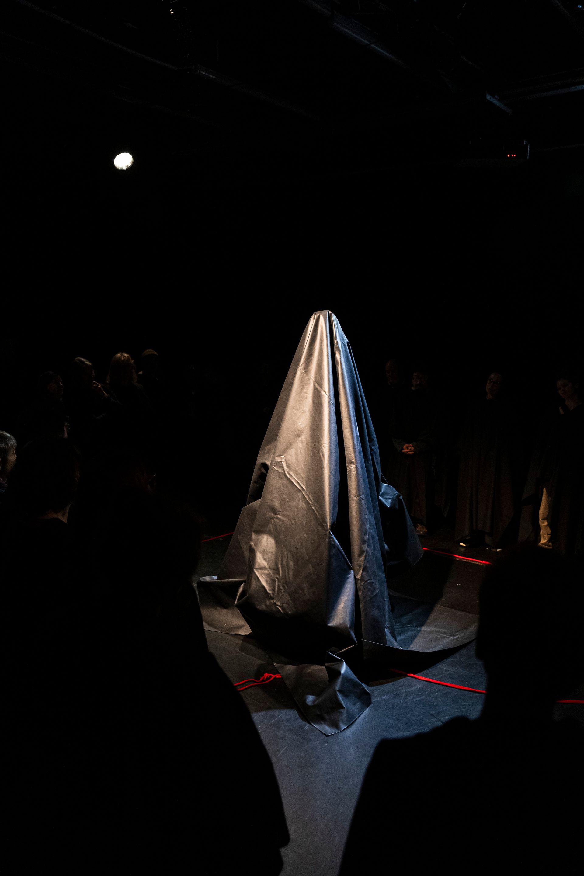 A person is standing under a blanket in a dark room.