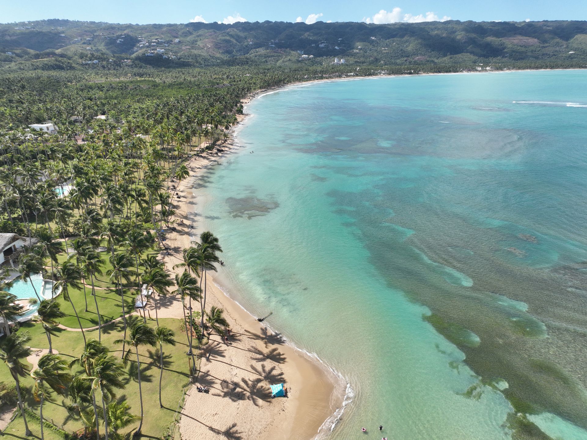 Vista aérea de una playa tropical con agua turquesa, palmeras y orilla de arena.