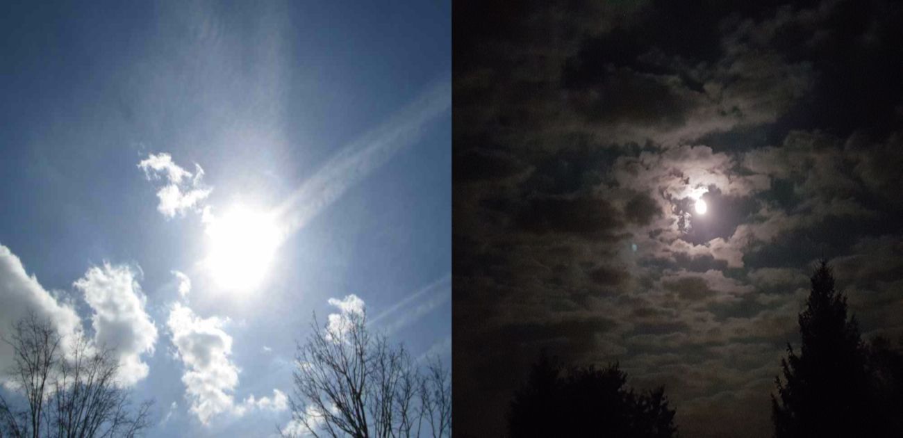 Day and night sky comparison: bright sun in blue sky, obscured moon in dark sky with clouds.