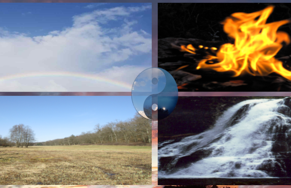 Vier Quadranten, die Luft (Regenbogen), Feuer, Wasser (Wasserfall) und Erde (Feld) repräsentieren, mit einem Yin-Yang-Symbol in der Mitte.