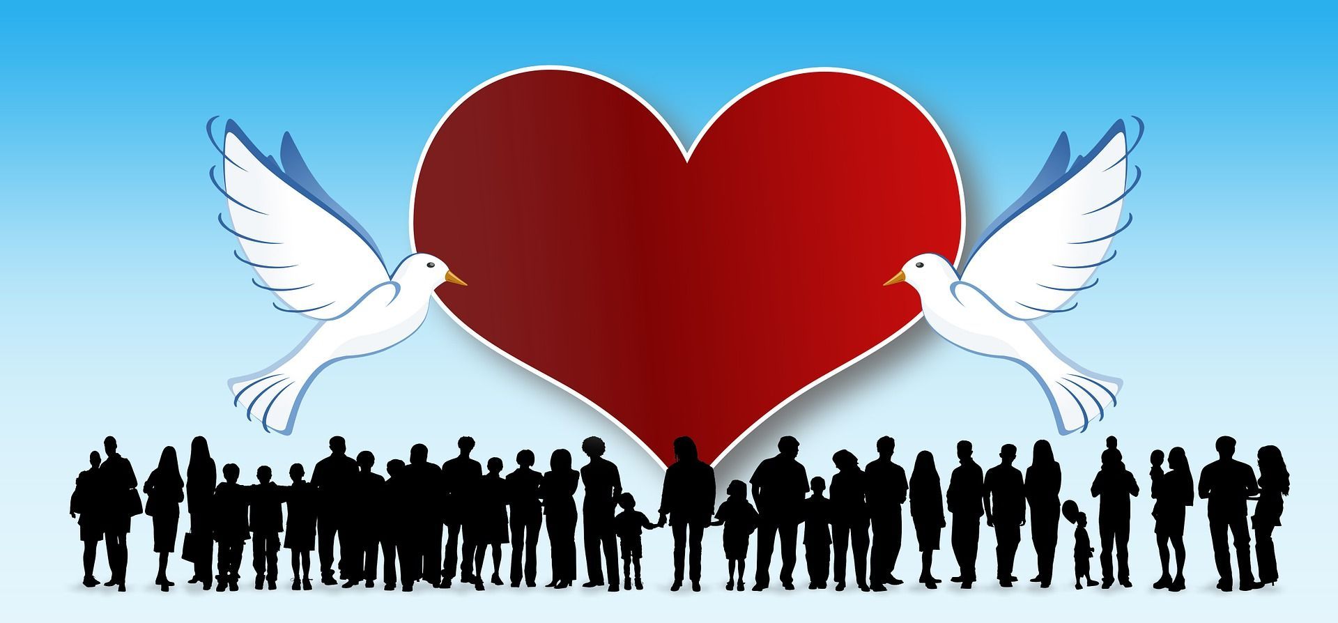 Silhouette of a crowd under a heart with doves flying out, against a blue background.