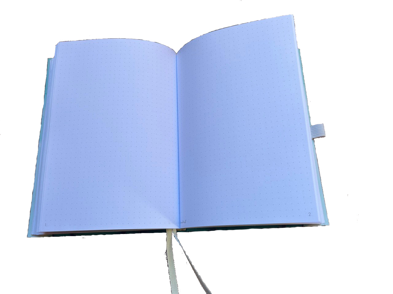 Offenes, leeres Notizbuch mit Punktgitterpapier; Lesezeichen.