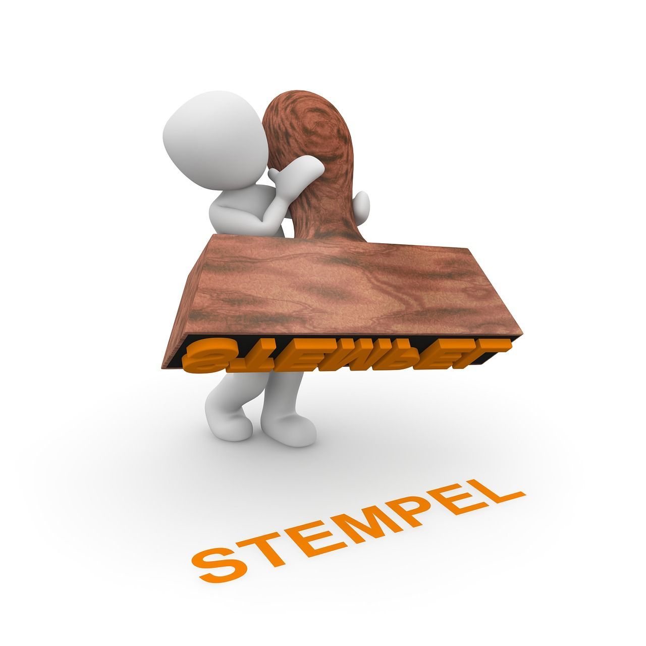 Weiße Figur hält einen großen Holzstempel mit der orangefarbenen Aufschrift „STEMPEL“.