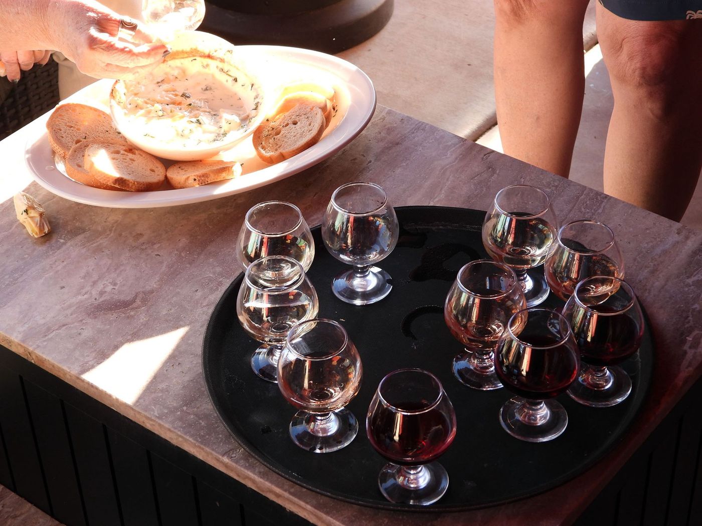 Wine glasses and appetizers.