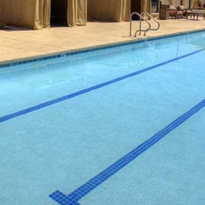 A large swimming pool with a blue stripe on the side.