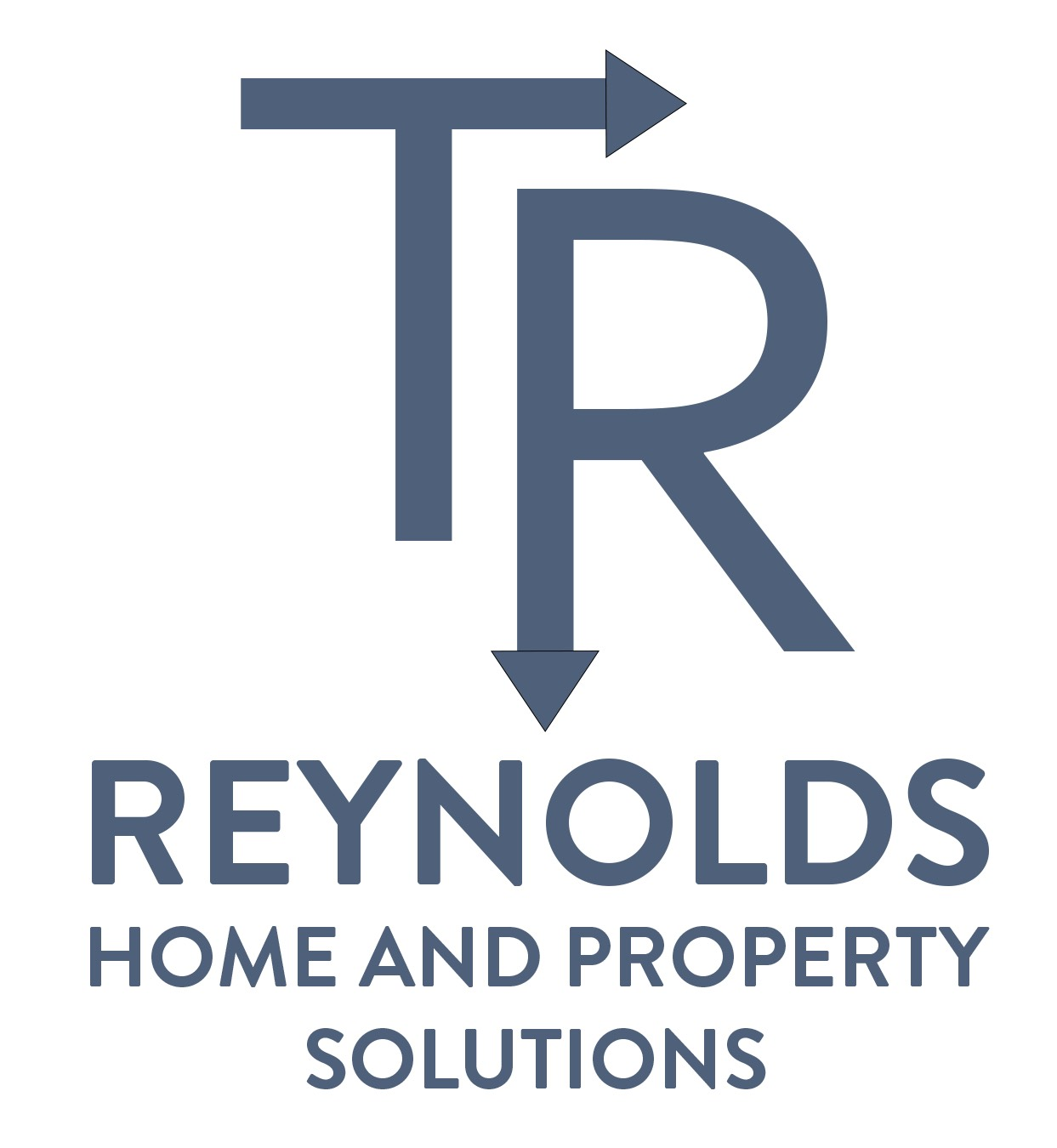 A logo for reynolds home and property solutions with an arrow pointing down.