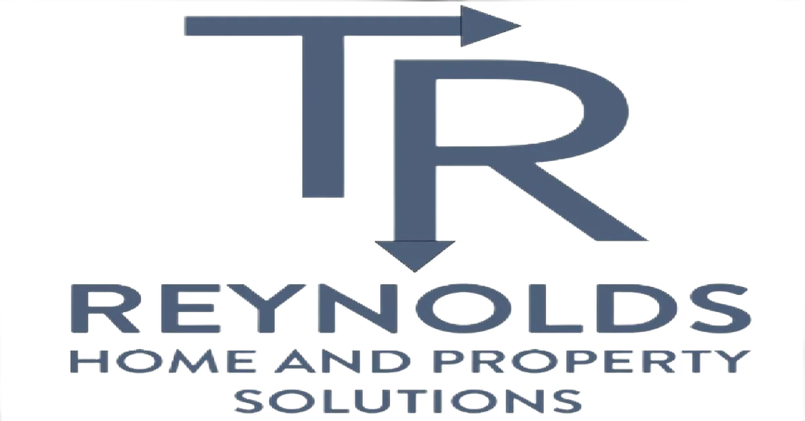 The logo for reynolds home and property solutions is a blue logo with an arrow pointing down.