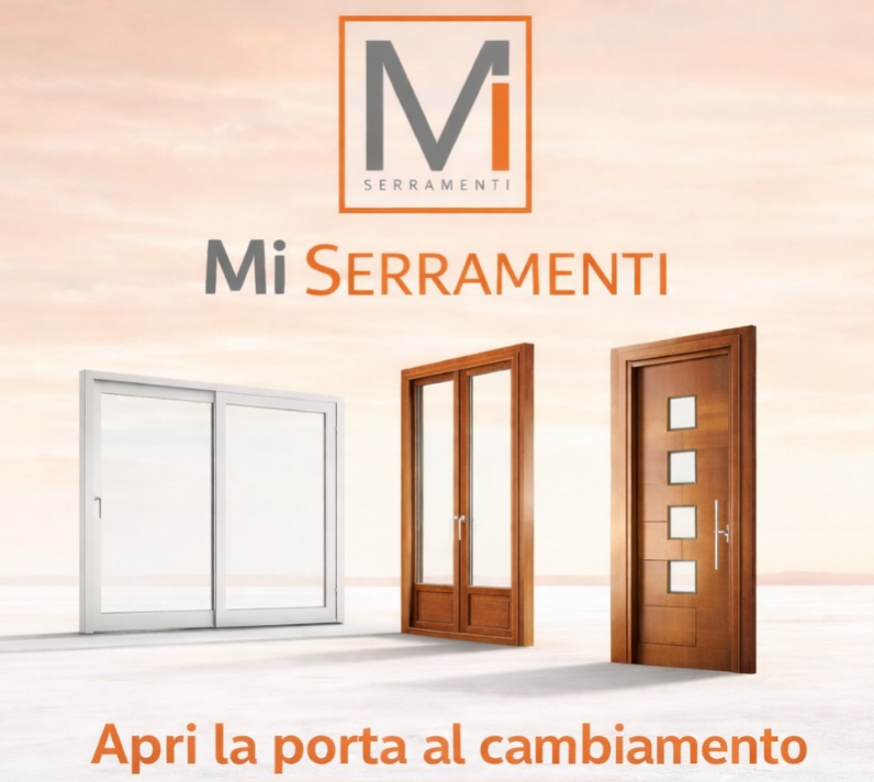 Pubblicità di Mi Serramenti che mostra una porta scorrevole bianca, una porta-finestra in legno per balcone e una porta d'ingresso in legno con finestre.