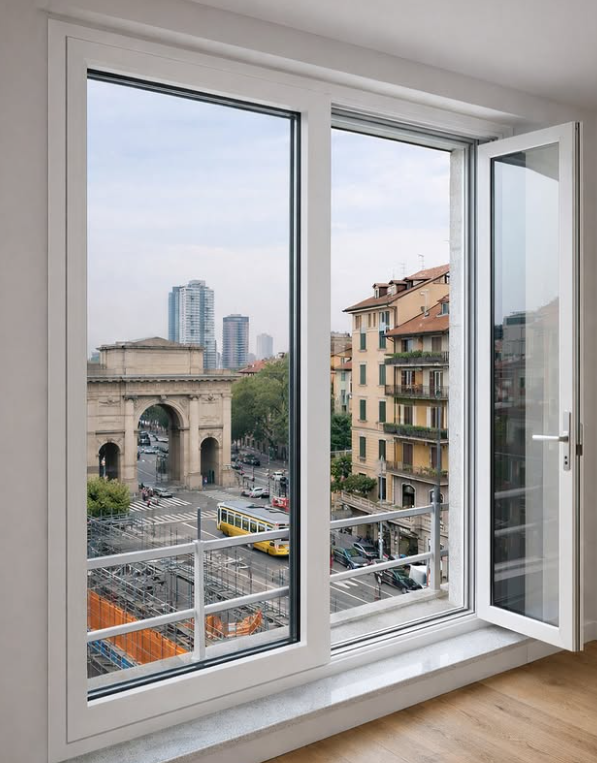Una vista da una finestra che mostra una strada cittadina, un tram giallo e un arco in pietra storico, con un pannello aperto.
