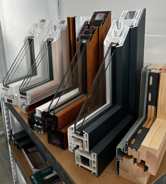 Una selezione di sezioni trasversali di telai di finestre in vari materiali e finiture, tra cui bianco, effetto legno e antracite.